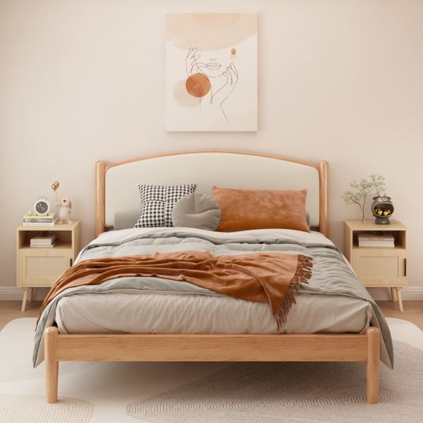 22.83'' H Rattan Nightstand, Side Table with Door Open Shelf,  Accent Bedside End Table with Solid Wood Legs for Bedroom, Dorm and Small Spaces, Oak-9