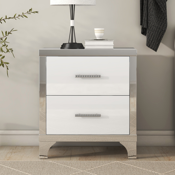 Elegant High Gloss Nightstand with Metal Handle,Mirrored Bedside Table with 2 Drawers for Bedroom,Living Room,White-4