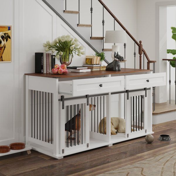 63'' Large Dog Crate Furniture for Double Dog, Wooden Dog Kennel with 2 Drawers,Divider and Sliding Door, Water Resistant Indoor Pets Furniture Style Double Dog Crates-12