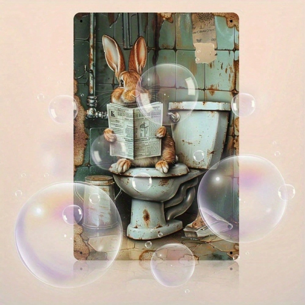 CIFbuy 复古兔子报纸金属装饰牌 8x12，马桶上的搞笑小兔铁艺墙饰（TikTok, temu 自提物流）-3