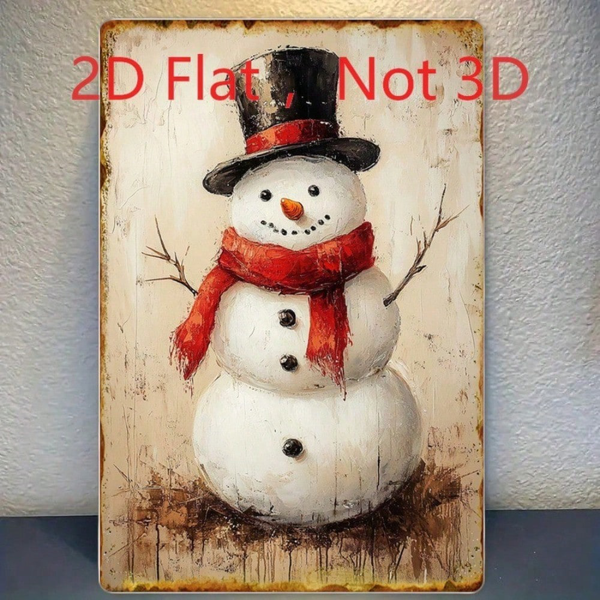 CIFbuy 复古油画风格圣诞雪人铁皮装饰牌，怀旧艺术风 8x12 英寸（TikTok, temu 自提物流）-2