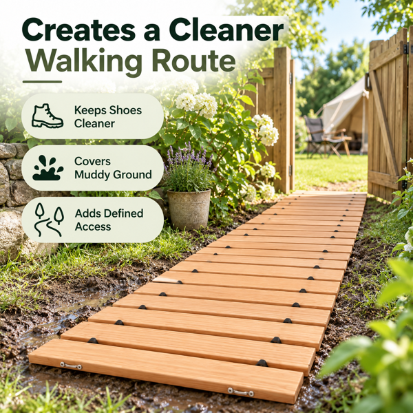366 x 43 cmRoll-Out Wooden Walkway Mat, 1.5 cm Thick Portable Garden Pathway, Outdoor Wooden Boardwalk Path for Yard, Lawn, Beach, Patio and Camping-9
