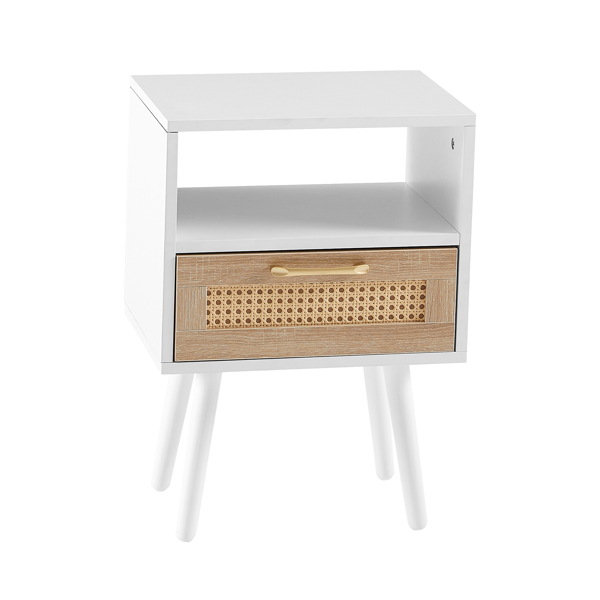 15.75" Rattan End table with  drawer and solid wood legs, Modern nightstand, side table for living room, bedroom, white-8