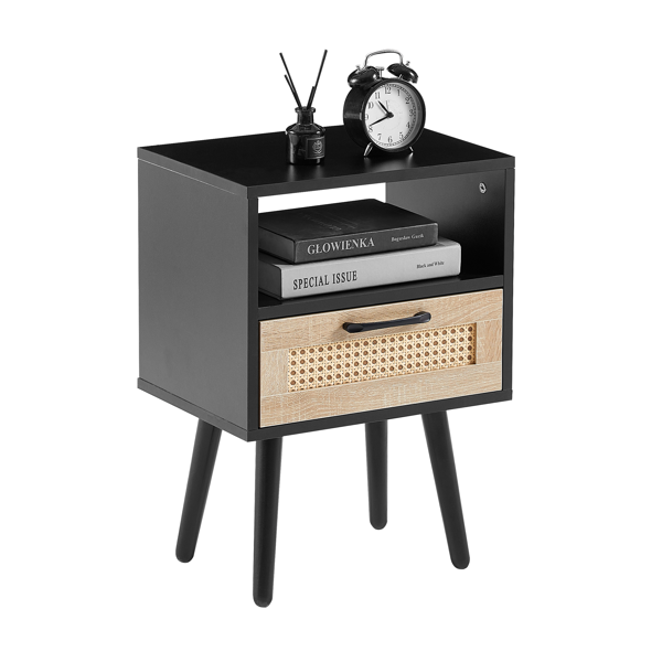 15.75" Rattan End table with  drawer and solid wood legs, Modern nightstand, side table for living room, bedroom, black-5