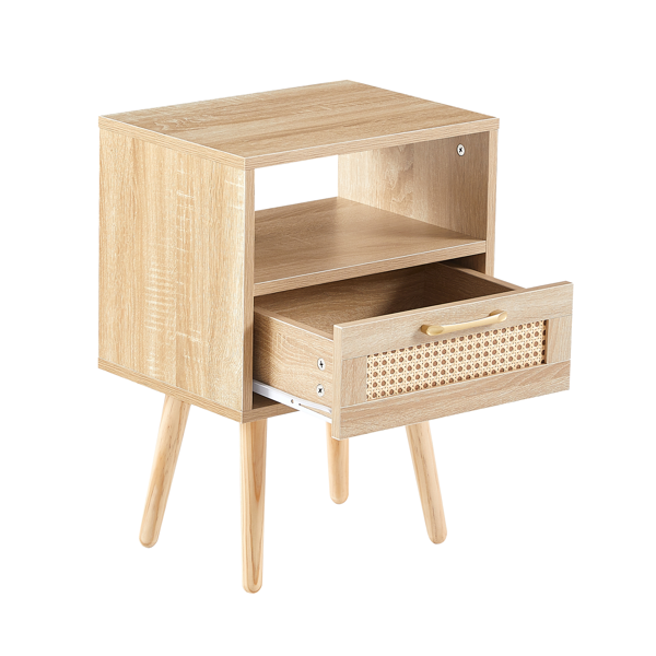15.75" Rattan End table with  drawer and solid wood legs, Modern nightstand, side table for living room, bedroom,natural-11