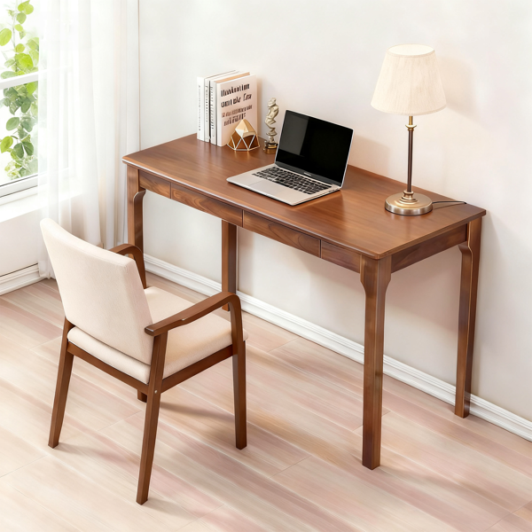 Solid Wood Desk with Drawers, Standing Desk with Smooth Edges, Home Office Desk for Small Spaces, Mid Century Modern Desk for Study, Bedroom, Living Room, Office, (Walnut, 47.24''*21.65''*29.53'')-1