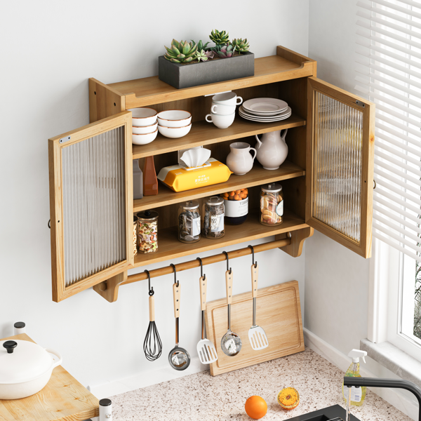 24.8''Glass Door Vintage Double Door Wall Cabinet With Three Tiers of Storage With Towel Rack,for Bathroom, Kitchen,,Dining Room,Natural-3