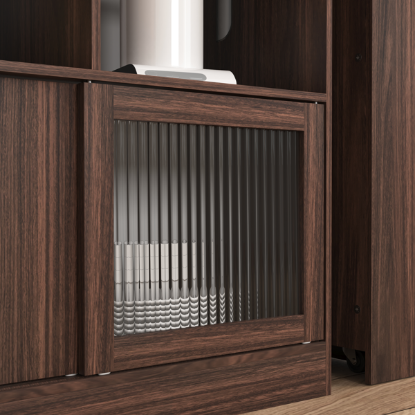 Modern Bar Cabinet with Rotating top, Counter Height Dining Cabinet with 6 Storage space and 2 Ribbed Glass Door for Kitchen, The Rotating Top with 3 Storage Shelves Dining Room, Living Room, Walnut-12