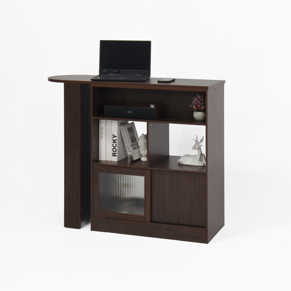 Modern Bar Cabinet with Rotating top, Counter Height Dining Cabinet with 6 Storage space and 2 Ribbed Glass Door for Kitchen, The Rotating Top with 3 Storage Shelves Dining Room, Living Room, Walnut-27
