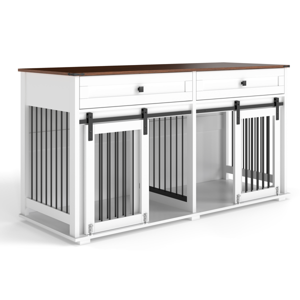 63'' Large Dog Crate Furniture for Double Dog, Wooden Dog Kennel with 2 Drawers,Divider and Sliding Door, Water Resistant Indoor Pets Furniture Style Double Dog Crates-21