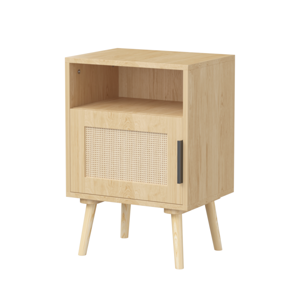 22.83'' H Rattan Nightstand, Side Table with Door Open Shelf,  Accent Bedside End Table with Solid Wood Legs for Bedroom, Dorm and Small Spaces, Oak-20