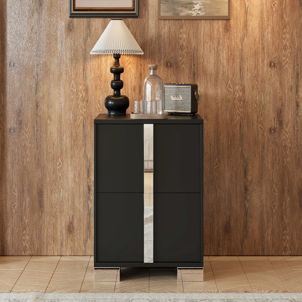 Elegant Nightstand with Metal Foot, Mirrored Bedside Table with 2 Drawers for Bedroom, Living Room, Black-13