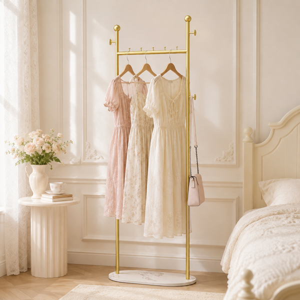 Clothing Rack, Golden Metal Freestanding Heavy Duty Clothes Rack with Marble Pattern Sintered Stone Base, Multipurpose Garment Hanger for Bedroom, Hat, Scarf, Jacket-9