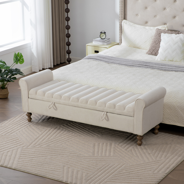 65.55" Wide Modern Upholstered  Storage Bench , Napped fabric Bed End Foot Stool With Rolled Armrest, Bench Daybed With Rubberwood Legs For Living Room, Entryway, Dormitory, Bedroom,Beige-1