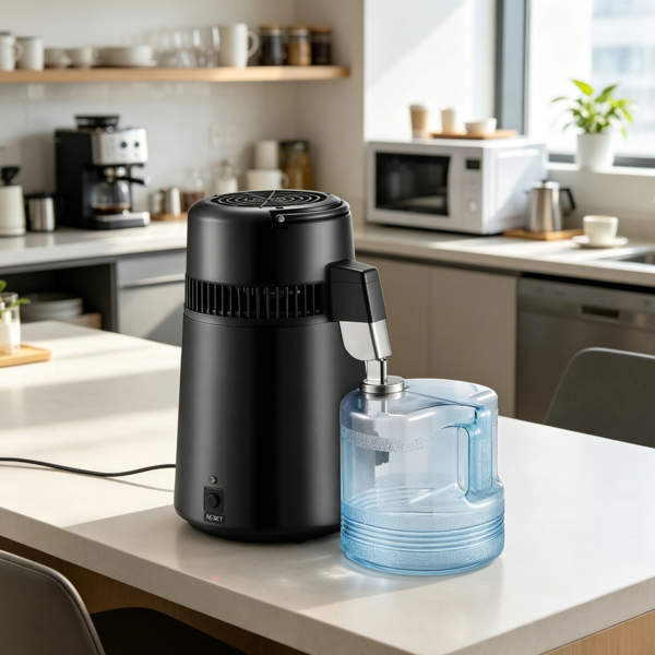 1.05加仑纯水蒸馏器，750W台式净化器，带不锈钢内部和过滤器，家用蒸馏水机，黑色-1