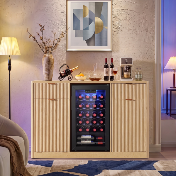K&K 59" Coffee Bar Cabinet with Fridge Space & Tilt-Out Trash Cabinet, Mini Fridge Wine Cabinet with Storage/Charging Station, Fluted Buffet Sideboard with Glass Holder for Dining Room, Natural Oak-25
