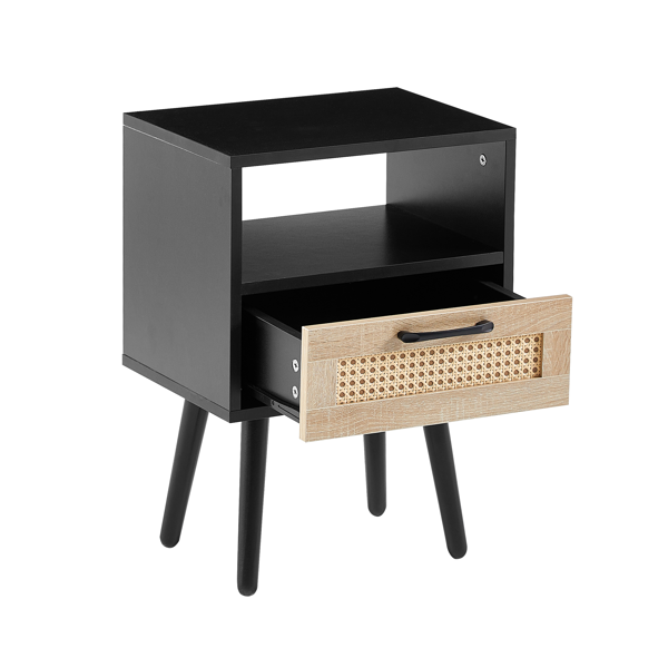 15.75" Rattan End table with  drawer and solid wood legs, Modern nightstand, side table for living room, bedroom, black-12