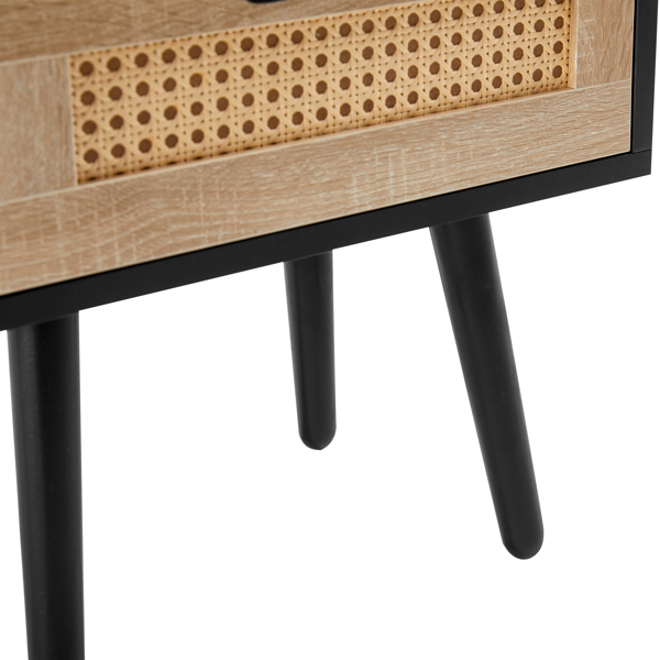 15.75" Rattan End table with  drawer and solid wood legs, Modern nightstand, side table for living room, bedroom, black-15