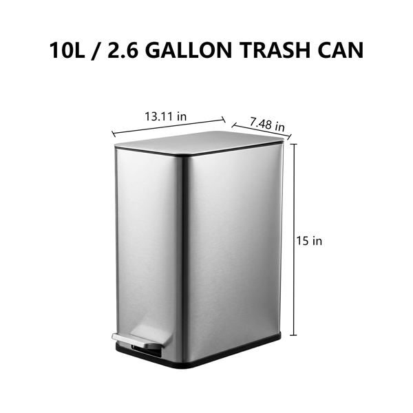 10L/2.6 加仑长方形不锈钢脚踏垃圾桶，带可拆卸内桶，适用于厨房、浴室，银色-2