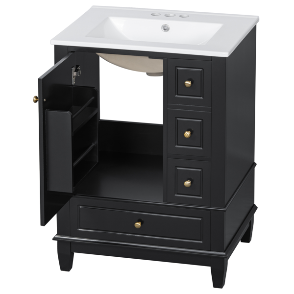 24" Bathroom Vanity with Sink and Drawers, Black Freestanding Vanity Cabinet with Ceramic Top and Storage Shelves, MDF and Solid Wood Base, Modern Sink Cabinet for Small Bathrooms-24