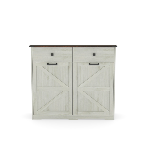 Farmhouse Double Tilt Out Trash Cabinet for 20 Gallon Trash Cans, Free Standing Recycling Cabinet with Hideaway Drawer, Barn Door Style Laundry Sorter Cabinet, Tilt Out Trash Cabinet for Kitchen-21