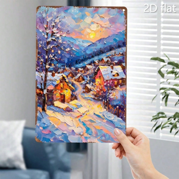 CIFbuy 1件2D平面金属壁饰 冬日村庄雪景，温馨小木屋装饰牌 8x12英寸（TikTok, temu 自提物流）