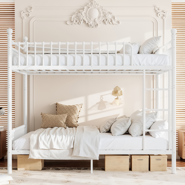 Queen over Queen Metal Bunk Bed with Unique Curved Guardrail Design, Round Tube bunk bed Frame, No Box Spring Required, Metal Bunk Bed Frame for Kids Teens,adults, White-2