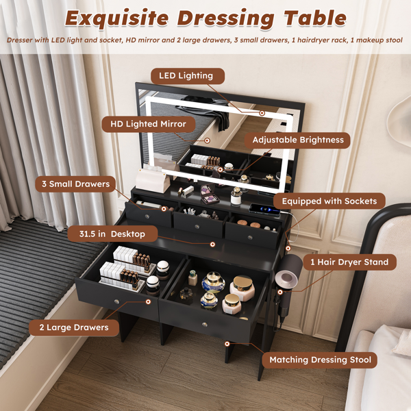 New Large Mirror Vanity Desk for Bed room  , Modern Makeup Vanity Set with Power Outlet and Hair dryer holder, 5 Drawers , 3 Lighting Color Adjustable Dressing Table for Bedroom, Black Color-3