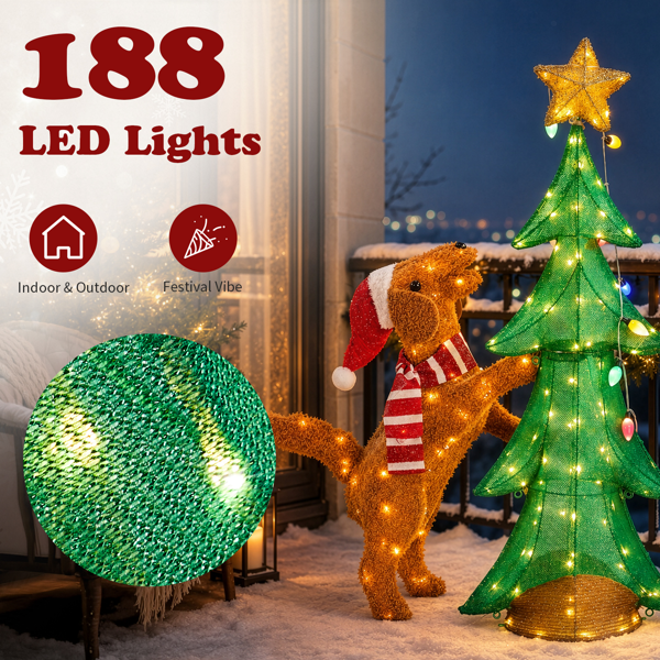 4ft  棕色绿色 狗爬圣诞树 188L暖白灯 蒙布 圣诞灯饰动物元素 4.5V 5.4W 美规-6