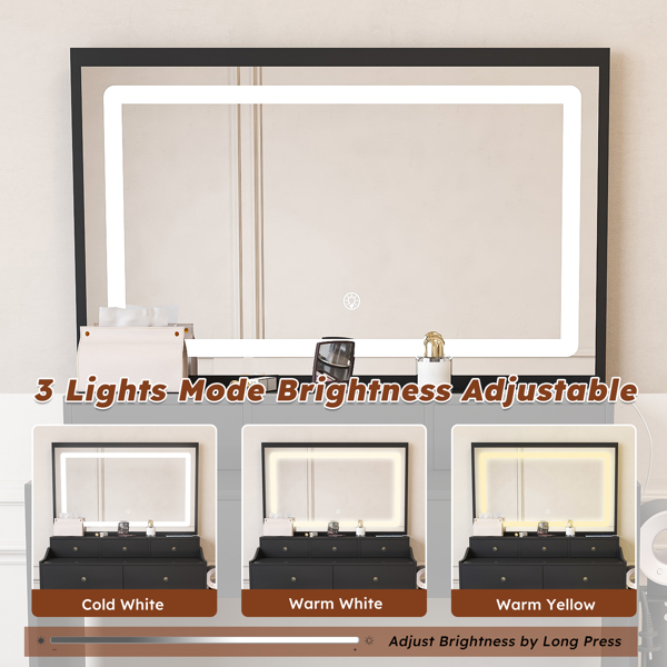 New Large Mirror Vanity Desk for Bed room  , Modern Makeup Vanity Set with Power Outlet and Hair dryer holder, 5 Drawers , 3 Lighting Color Adjustable Dressing Table for Bedroom, Black Color-4