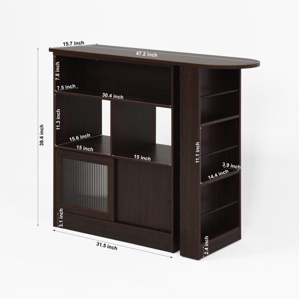 Modern Bar Cabinet with Rotating top, Counter Height Dining Cabinet with 6 Storage space and 2 Ribbed Glass Door for Kitchen, The Rotating Top with 3 Storage Shelves Dining Room, Living Room, Walnut-4