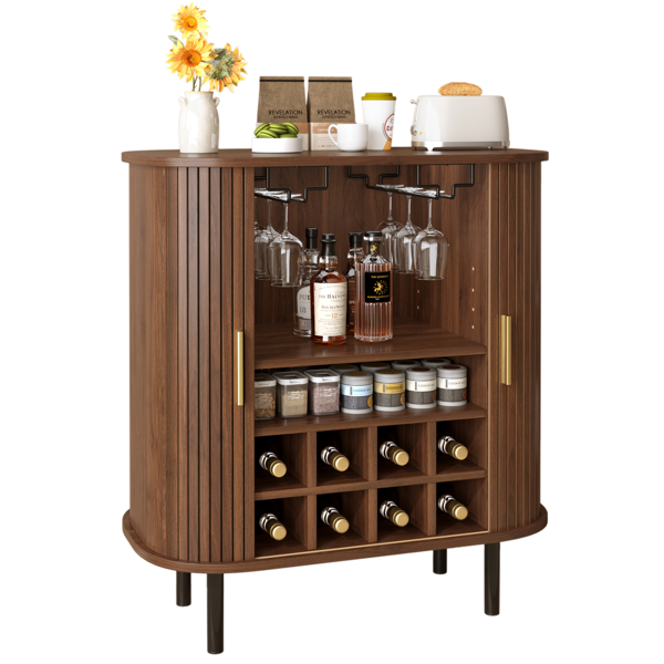 28" Fluted Wine Bar Cabinet with 8-Grid Wine Rack, 5-Level Adjustable Shelves, 2 Glass Holders, Smoothly Sliding Tambour Doors, 4 Hidden Storage Space on the Side, Modern Liquor Coffee Station, Walnut-18