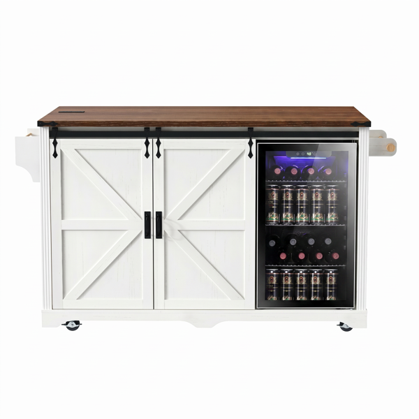 K&K 72" Farmhouse Kitchen Island with Fridge Storage Space & Power Outlet, Rolling Coffee Bar Cabinet on Wheels with 4 Drawers, Sliding Barn Door, Glass Holder, Drop Leaf, Island Kitchen Table, White-33