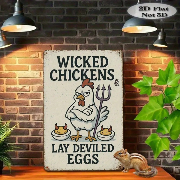 CIFbuy 1个趣味搞怪小鸡下魔鬼蛋铁皮装饰牌，复古农舍风格墙面艺术（TikTok, temu 自提物流）-3