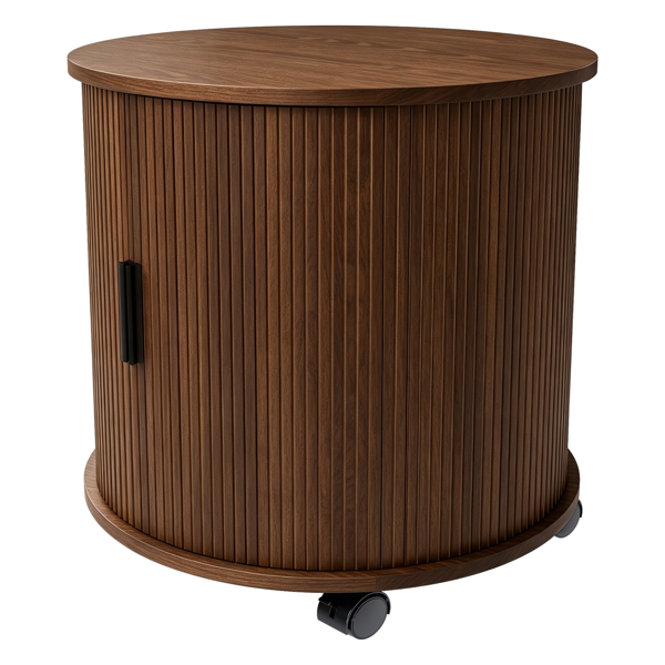 Mid Century Modern Cylinder End Table with Built-in Charging Station & Sliding Door, 2-Tier Storage Round Nightstand with USB Ports, Walnut Bedside Table for Living Room, Bedroom, Entryway-14