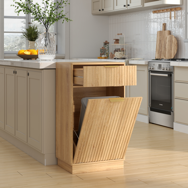 10-Gallon Woodgrain Tilt-Out Trash Can Cabinet with Wave-Textured Drawer & Pull-Out Bin - Multipurpose Kitchen/Bath Organizer in Oak Finish-1