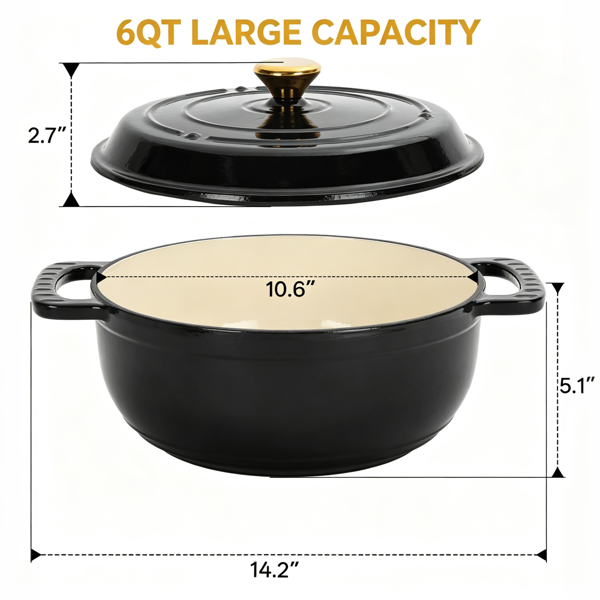 铸铁 6QT 烹饪锅具 纯黑色 含两个硅胶手套 珐琅锅-5
