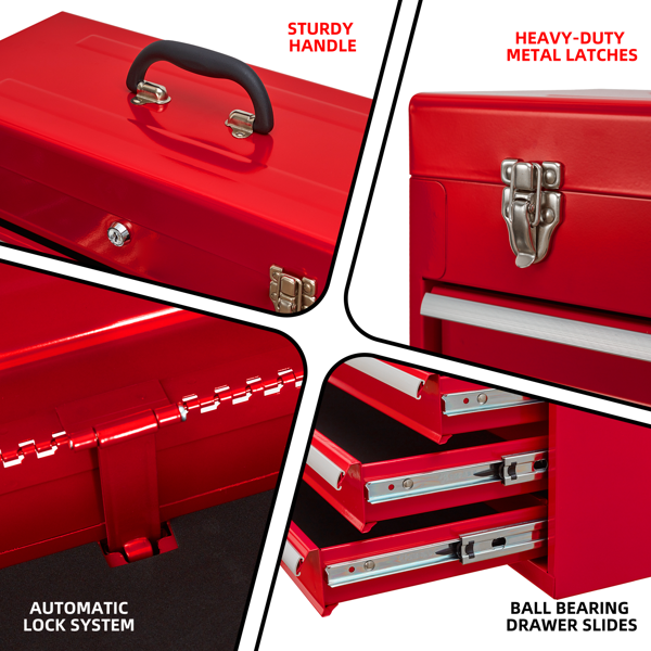 Metal Tool Box with 4 Drawers Portable Steel Tool Chest with Metal Cylinder Lock and Latch Closure, Liner, Red Powder coating, suitable for Garage, Warehouse and Outdoor Repair job-Red-3