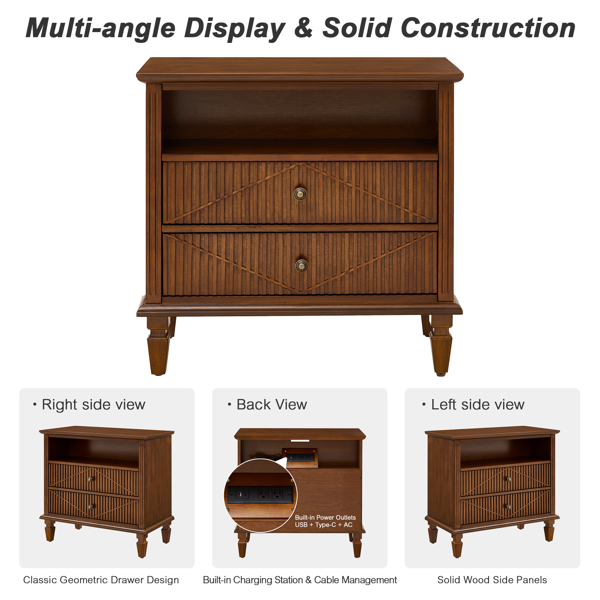 Farmhouse Nightstand with Charging Station, 2-Drawer Engineered Wood Storage Cabinet, Bedside Table for Bedroom-5