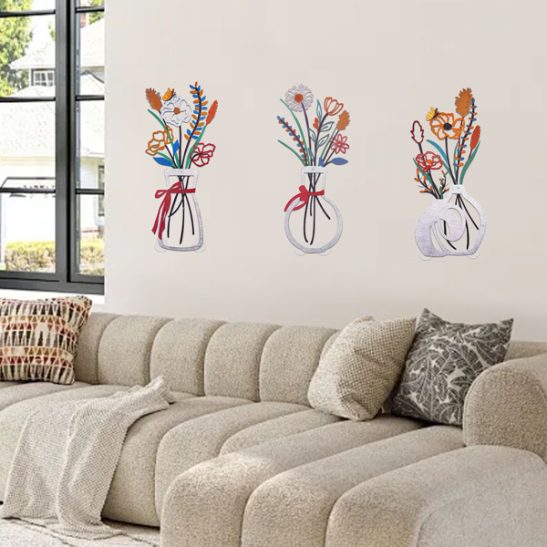 3件套彩色蝴蝶与花卉金属壁画，波西米亚风格铁艺花瓶花卉悬挂装饰，附自粘安装板，尺寸13.78×5.91英寸，适用于卧室、客厅、公寓家居装饰（非ebay认证仓）-8