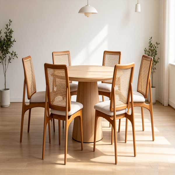 Set of 2 Mid Century Modern Rattan Dining Chairs, Solid Rubber Wood Frame Dining Side Chairs with Natural Cane Rattan Backrest-12