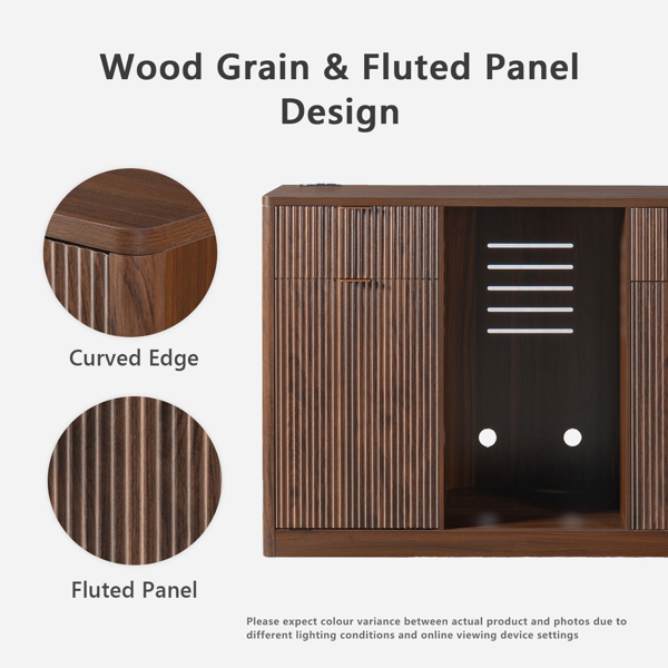 K&K 59" Coffee Bar Cabinet with Fridge Space & Tilt-Out Trash Cabinet, Mini Fridge Wine Cabinet with Storage/Charging Station, Fluted Buffet Sideboard with Glass Holder for Dining Room, Walnut Brown-28
