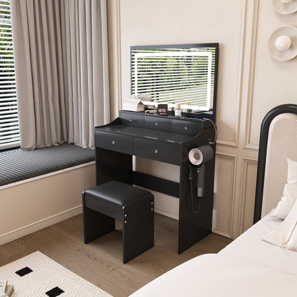 New Large Mirror Vanity Desk for Bed room  , Modern Makeup Vanity Set with Power Outlet and Hair dryer holder, 5 Drawers , 3 Lighting Color Adjustable Dressing Table for Bedroom, Black Color-2