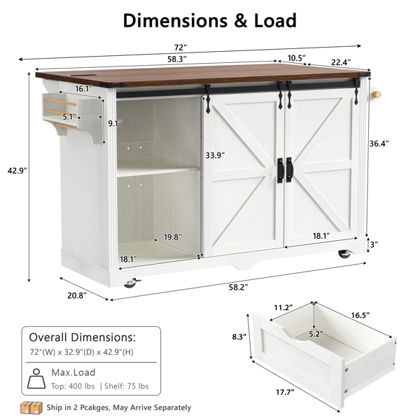 K&K 72" Farmhouse Kitchen Island with Fridge Storage Space & Power Outlet, Rolling Coffee Bar Cabinet on Wheels with 4 Drawers, Sliding Barn Door, Glass Holder, Drop Leaf, Island Kitchen Table, White-29