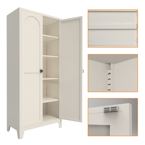 71'' 2 Shapely Door Cabinet With Lock, Metal Storage Cabinet with Doors and Adjustable Shelves, for Kitchen, Bedroom, Living Room(Beige)-15