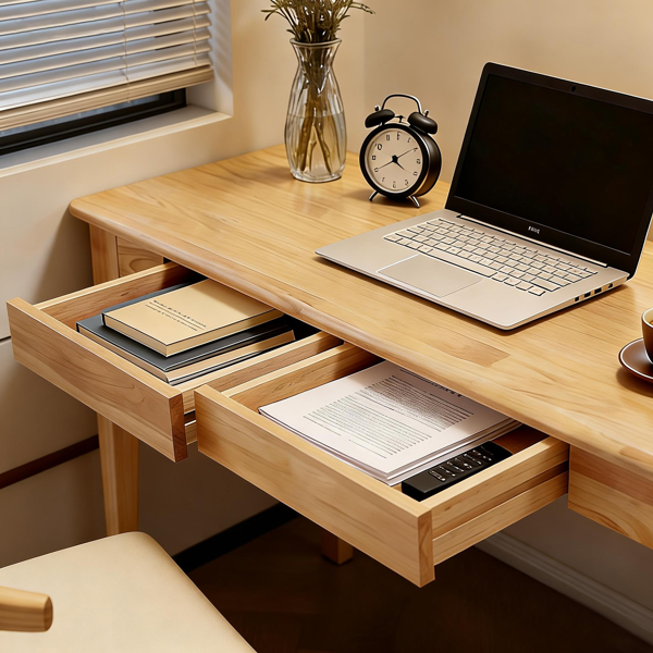 Solid Wood Desk with Drawers, Standing Desk with Smooth Edges, Home Office Desk for Small Spaces, Mid Century Modern Desk for Study, Bedroom, Living Room, Office, (Natural Wood Color)-25