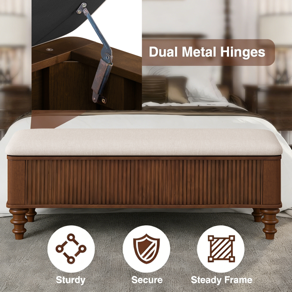 50.8-inch Multi-Functional Storage Ottoman Bench-Solid Rubberwood Bed End Bench with Linen Seat, Storage Bench for Bedroom, Entryway Shoe Organizer for Bedroom, Living Room, Entryway, Closet, Walnut-14