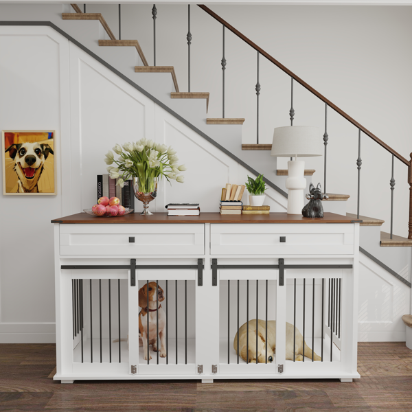 63'' Large Dog Crate Furniture for Double Dog, Wooden Dog Kennel with 2 Drawers,Divider and Sliding Door, Water Resistant Indoor Pets Furniture Style Double Dog Crates-11