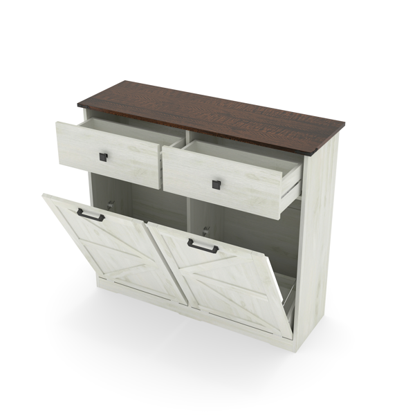 Farmhouse Double Tilt Out Trash Cabinet for 20 Gallon Trash Cans, Free Standing Recycling Cabinet with Hideaway Drawer, Barn Door Style Laundry Sorter Cabinet, Tilt Out Trash Cabinet for Kitchen-18