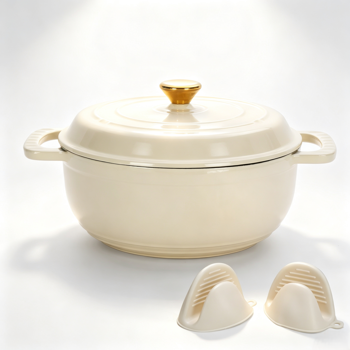 铸铁 5QT 烹饪锅具 陶瓷白 含两个硅胶手套 珐琅锅